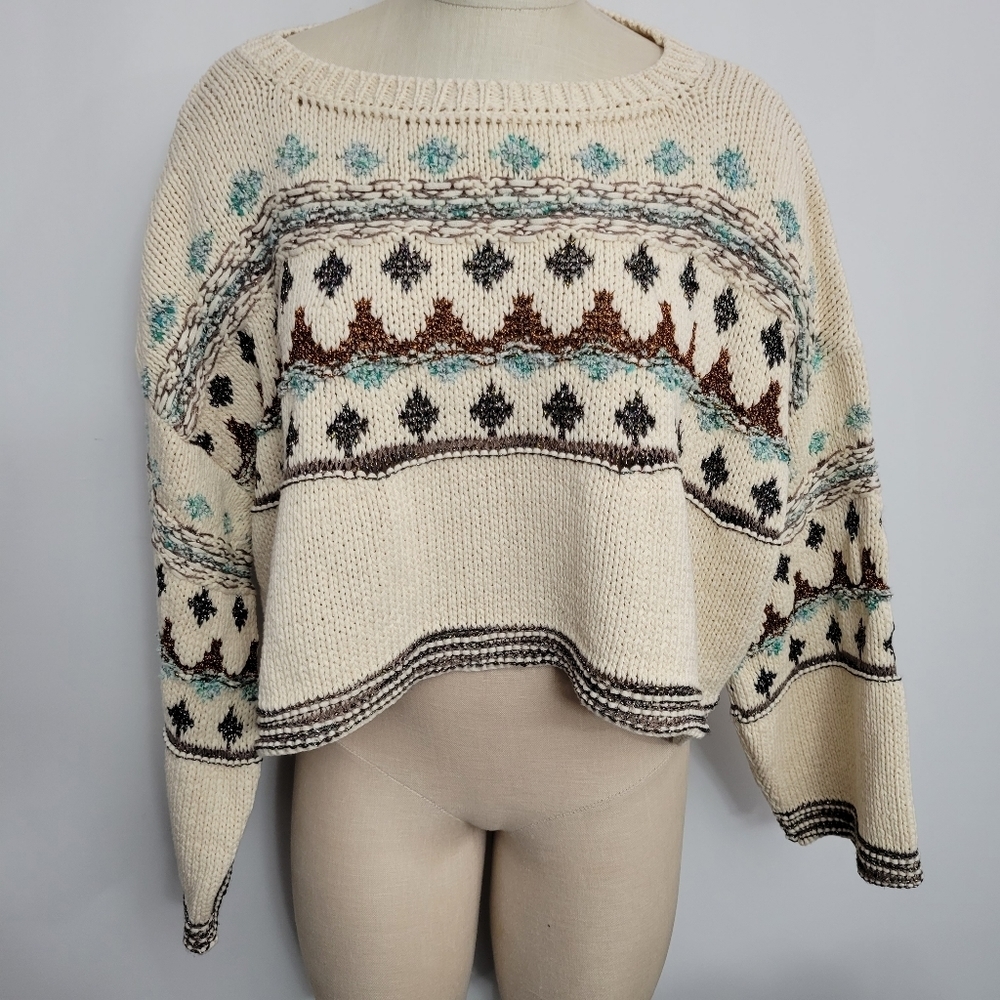 NWT Zara Cropped Chunky Metallic Thread Sweater Size Small Ivory with Copper